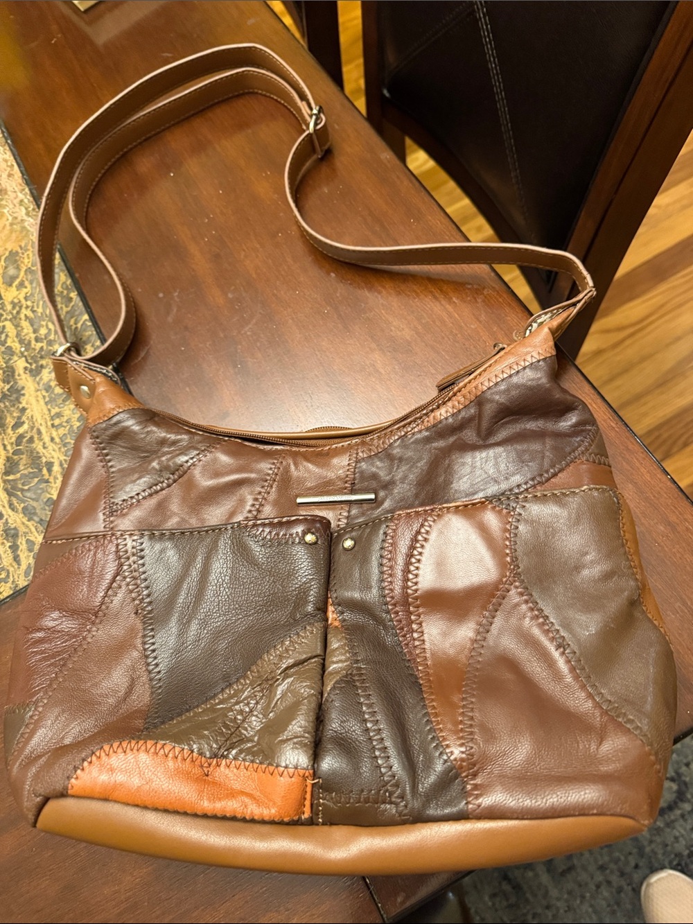Jaclyn Smith Patchwork Leather Shoulder Bag in Brown and Tan